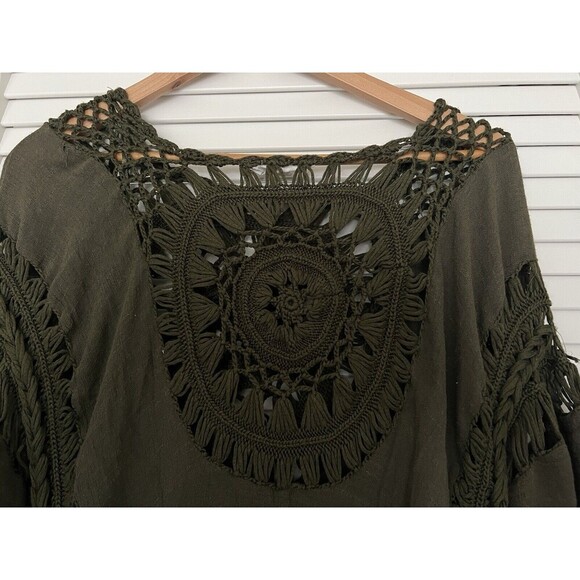 It Girl Women's Small Crochet Blouse Olive Green Beach Cover Up Boho Cropped Top - Picture 6 of 8